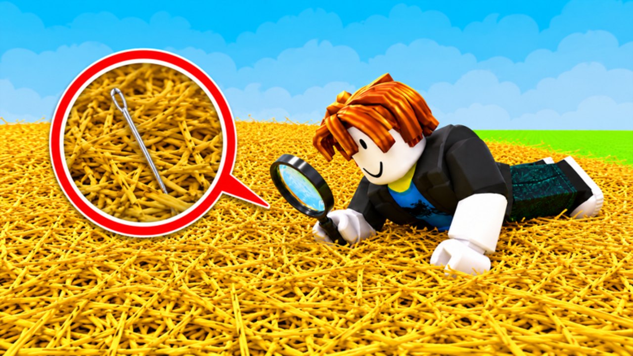Roblox avatar lying in a yellow hay field with a magnifying glass, searching for a hidden silver needle