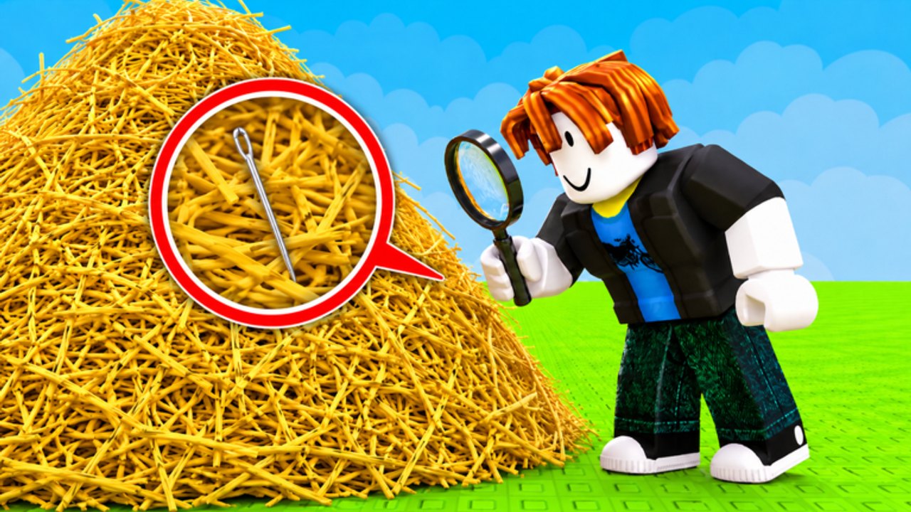 Roblox avatar standing beside a tall hay pile with a magnifying glass during a Find the Needle hunt